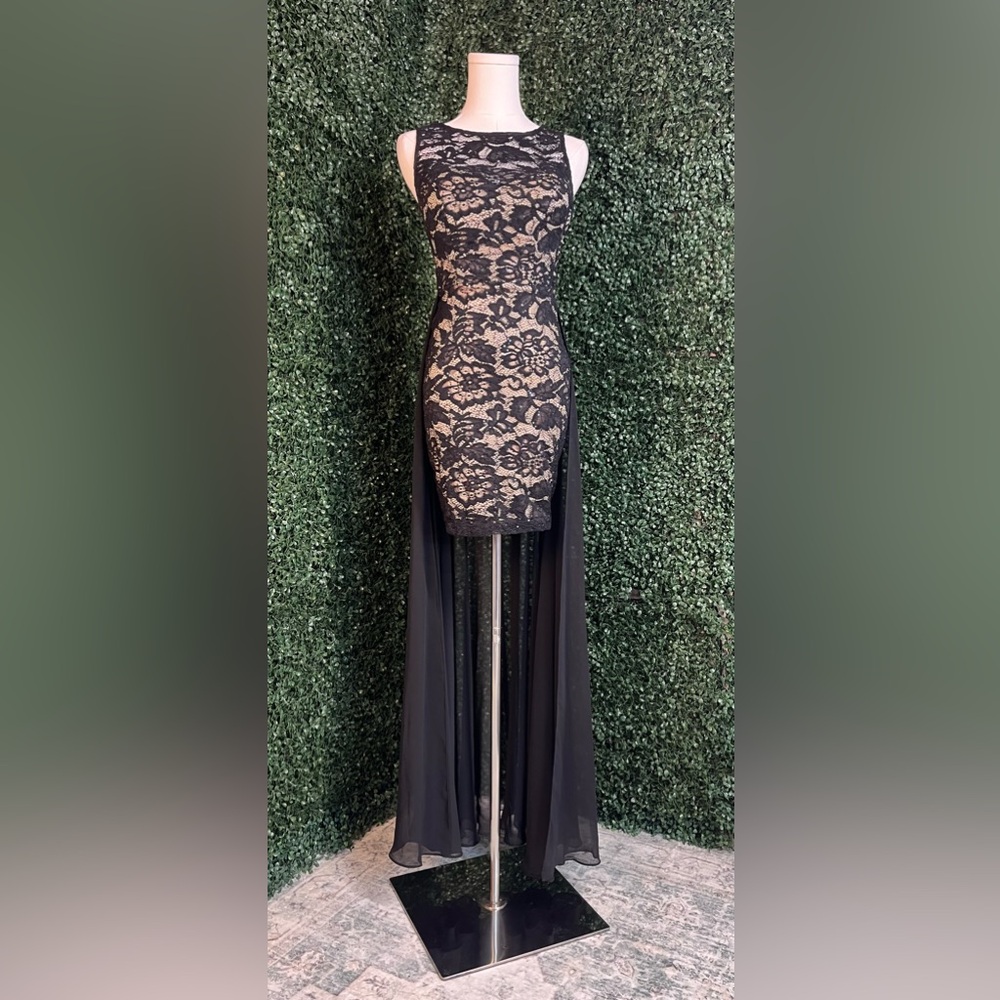 Cream and black lace dress with cape